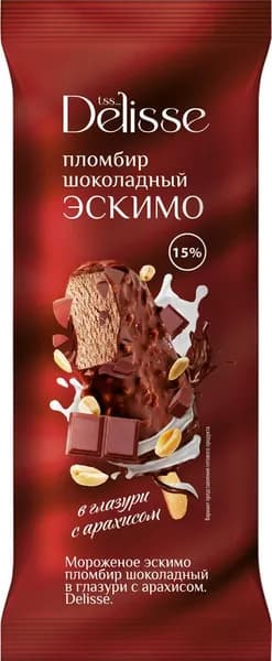 Мороженое DELISSE Пломбир шоколадный в глазури с арахисом 15%, без змж, эскимо, 80г5шт