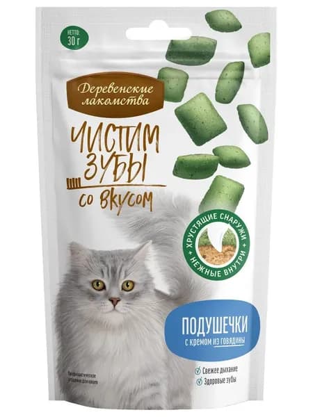 Лакомства для кошек Деревенские лакомства подушечки с кремом из говядины для чистки зубов 30 г