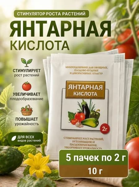 Янтарная кислота для растений 5 пакетов по 2 грамма, 10 грамм.