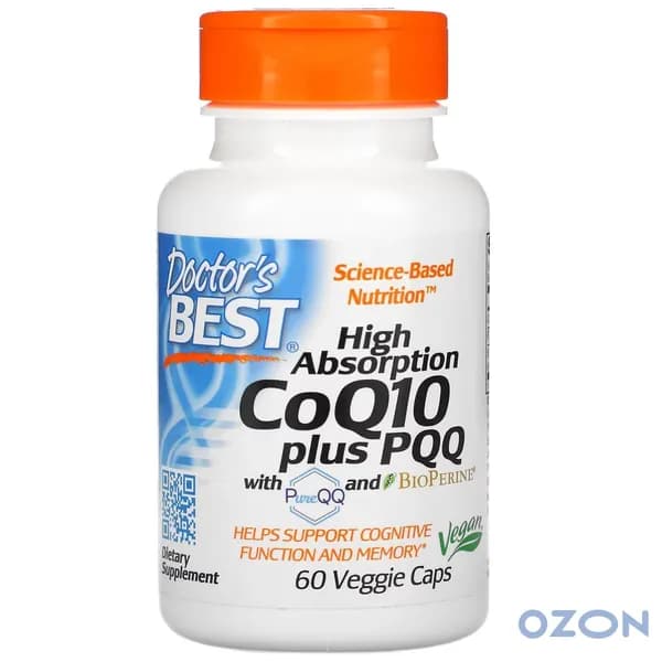 Коэнзим Q10 100 мг убихинол с пирролохинолинхинон, пиперин Doctor's Best CoQ10 100 мг plus PQQ 20 мг, 60 растительных капсул