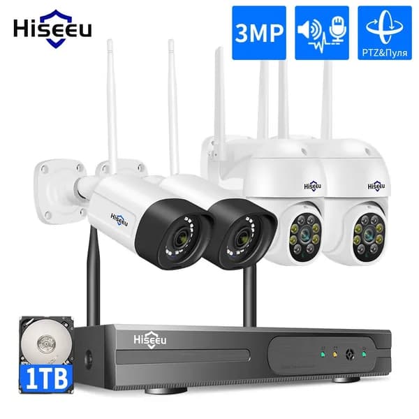 Hiseeu Wi-Fi Комплект камеры видеонаблюдения,10CH NVR Набор,3MP 4(PTZ +пулей Тип)IP камеры,1TB жесткого диска,Цветная ночного видения,Автоматическое отслеживание,Двусторонняя аудиосвязь, P2P