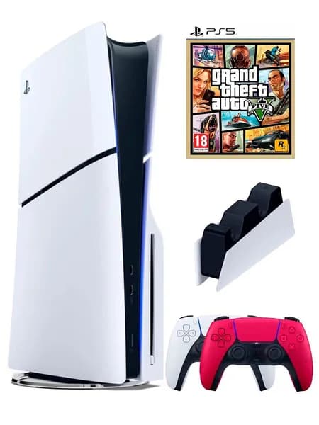 PS5 (ПС5) Игровая приставка Sony PlayStation 5 Slim +2-й геймпад(красный)+зарядное+игра GTA 5, 1000ГБ