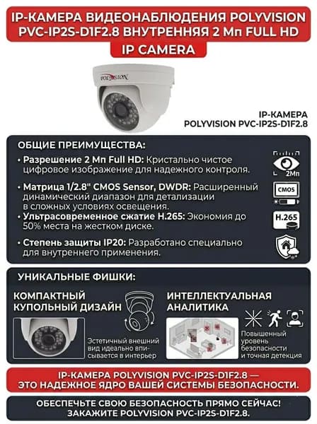 IP-камера видеонаблюдения PVC-IP2S-D1F2.8 POLYVISION купольная 2 Мп Full HD. Товар уцененный