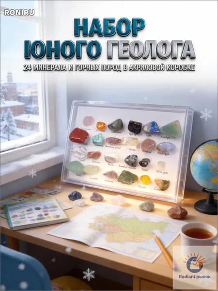 Эксклюзивный набор для юных геологов включает 24 полированных образца натуральных минералов и горных пород в акриловом ящике, комплектуется этикетками на английском языке