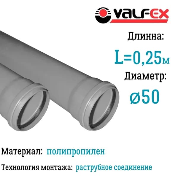 Труба BASE для внутренней канализации VALFEX Ф50 длина 0.25 м