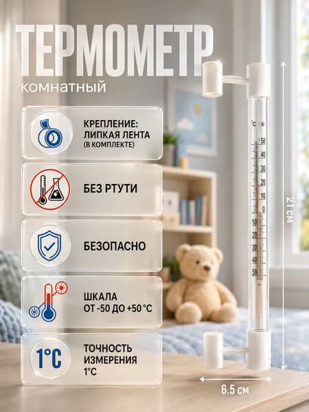 Термометр уличный, на окно, на липучке, от -50 С до +50 С, 21 6.5 см