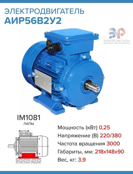 Электродвигатель АИР 56В2У2 40В 0.25кВт 3000об/мин IM1081