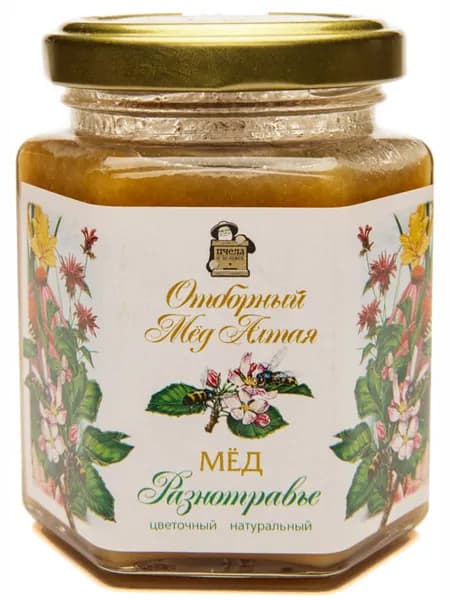 РАЗНОТРАВЬЕ, мёд от степных и луговых трав АЛТАЯ, от бренда "ПЧЕЛА и человек", 230 грамм