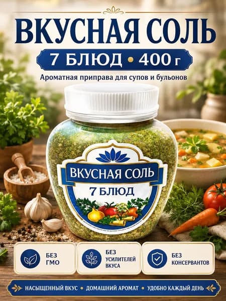 Вкусная соль 7 блюд 400 г, универсальная приправа для супов, мяса, птицы, рыбы, овощей, гарниров и домашних блюд