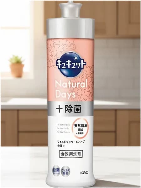 KAO CuCute Natural Days + Unscented Средство для мытья и стерилизации посуды, подходит для мытья овощей и фруктов, с лимонной кислотой - Аромат полевых цветов и трав, 220 мл. Япония