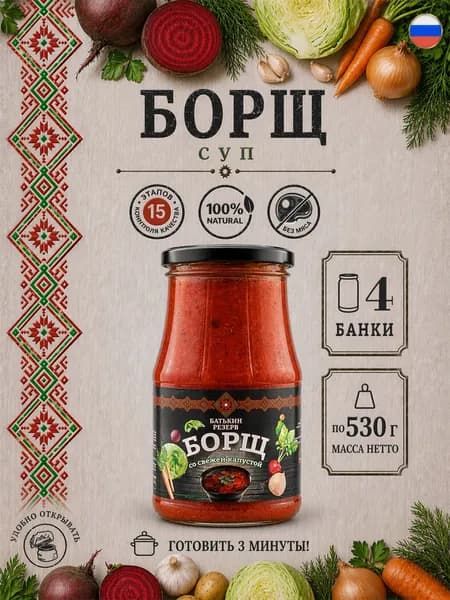 Борщ со свежей капустой, суп готовый Батькин резерв, 4 шт по 530 г