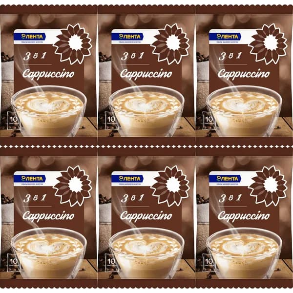Кофейный напиток Лента Cappuccino 3 в 1 растворимый 180 г, набор: 6 штук
