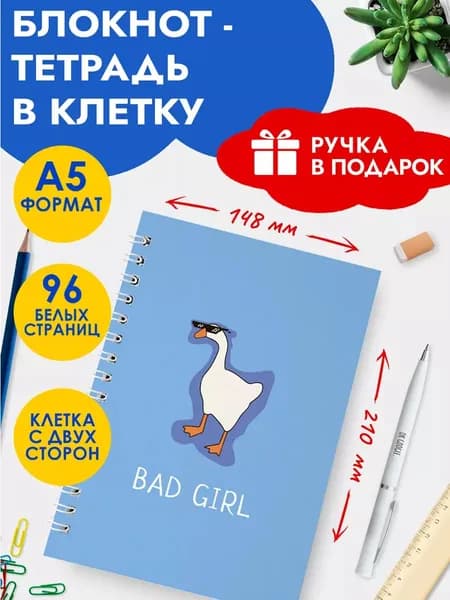 Блокнот / Тетрадь А5 в клетку 48+2 листов, с ручкой в наборе, для школы и офиса, взрослых и детей, блокнот в подарок для девочек и мальчиков на Выпускной