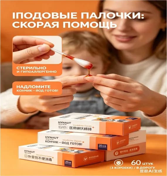 Йодированные медицинские ватные тампоны 3cor/60шт, одноразовое дезинфицирующее средство-стерильная палочка с йодированным раствором для обработки ран