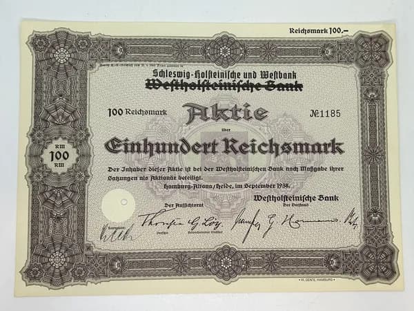 Акция Германия. Банк Земли Шлезвиг-Гольштейн, 100 рейхсмарок 1938 год №41