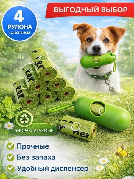 RUFPUPPY пакеты для уборки за собакой 4 рулона + диспенсер, мешки для собачьих отходов, прочные, без запаха