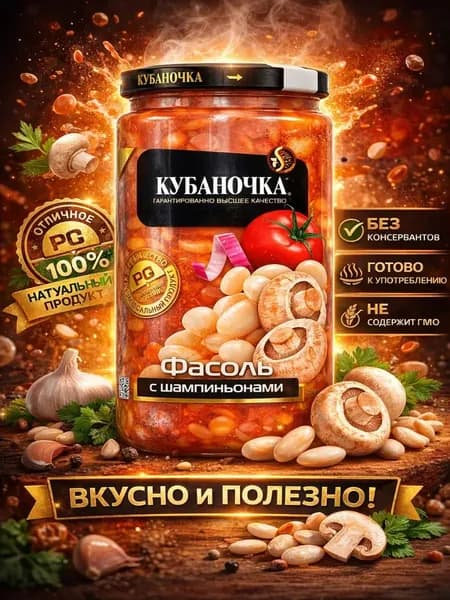 фасоль консервированная в томатном соусе с шампиньонами Кубаночка 370г