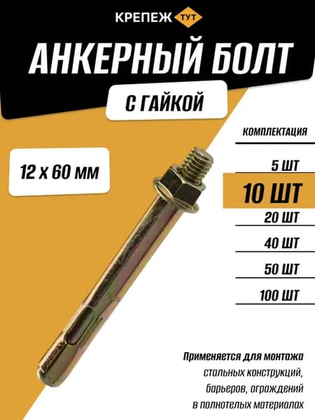 Анкерный болт с гайкой 12х60мм, 10 шт