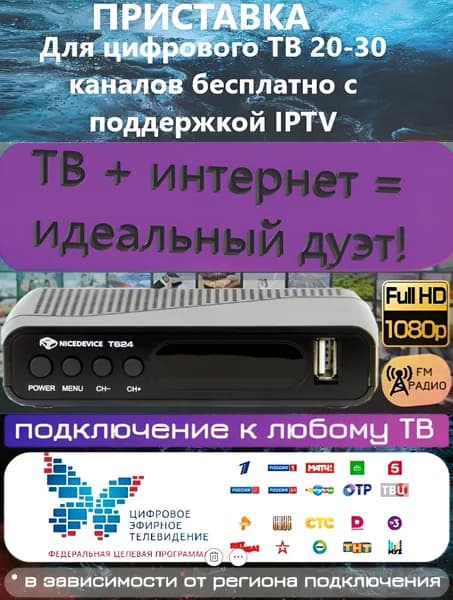 Цифровая ТВ приставка DVB-T2 эфирная 20 ТВ каналов бесплатно, ТВ тюнер + медиаплеер, ресивер ND T624