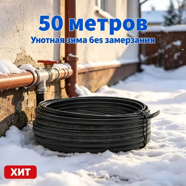 Саморегулирующий греющий кабель 50м, 17 Вт/м Без контроллера Защита труб от замерзания под снегом и на морозе до 40C