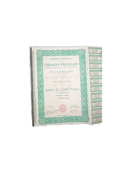 Генеральная Компания Французских полировальных материалов. Акция в 5.000 франков, на Предъявителя. 1951 г.