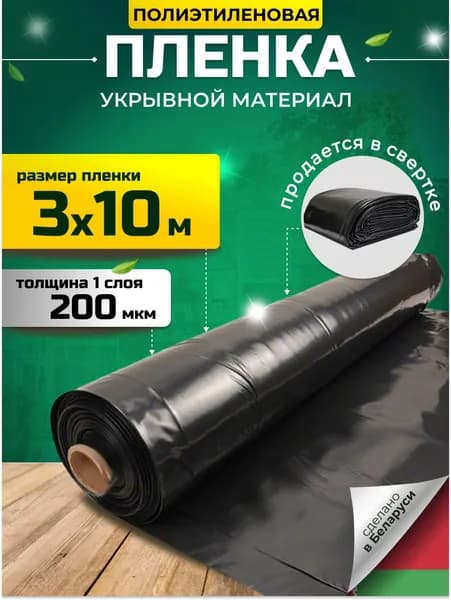 Пленка укрывная строительная, полиэтиленовая 200 мкм, 3х10 м, черная, плотная, для ремонта