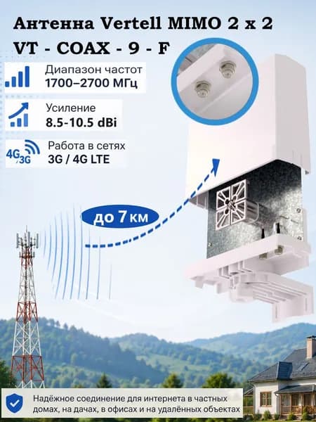 Коаксиальная внешняя антенна Vertell VT-COAX-9-F MIMO 2х2 9 dBi 1700-2700 МГц с 2 разъёмами F-female 75 Ом