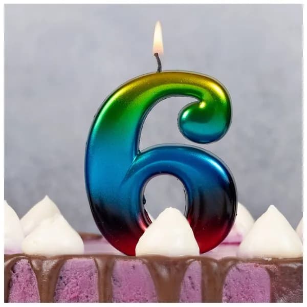 Свеча -цифра "6" Радуга металлик 8см