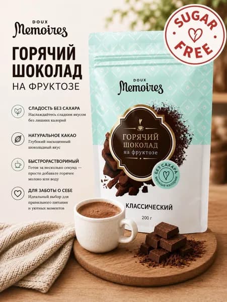 Горячий шоколад без сахара на фруктозе, какао-напиток темный, 200гр