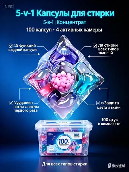 Капсулы для стирки белья LumiHome, 5 в 1, 100 шт, с кондиционером, гель, отбеливатель, Свежесть океана