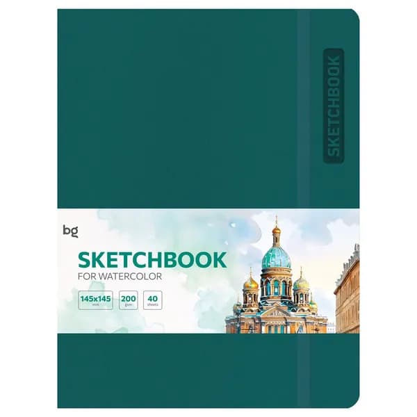 Скетчбук для акварели 40 листов, А5 BG "Bright. Teal", кожзам, на резинке, 200г/м2