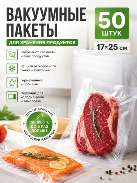 Рифленые вакуумные пакеты для хранения и заморозки продуктов. Прозрачные, размеры 17cm* 25cm По 50 штук в упаковке.