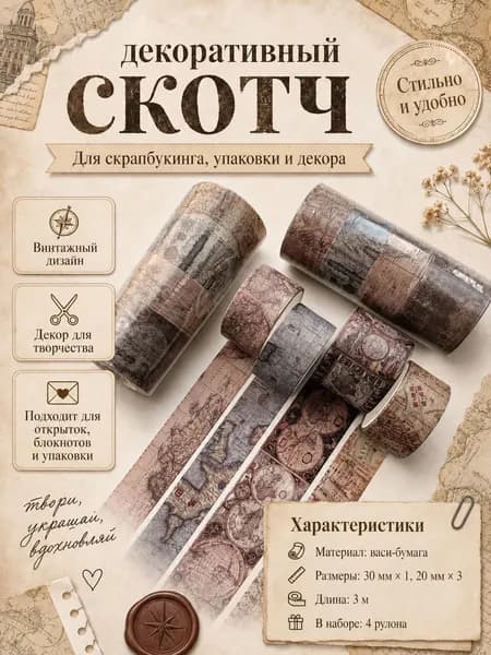 Декоративная клейкая лента (скотч) винтажный коллаж, широкая лента для скрапбукинга и декора