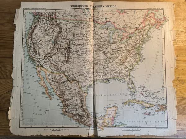 Географическая карта антикварная. США и Мексика. 1924 год