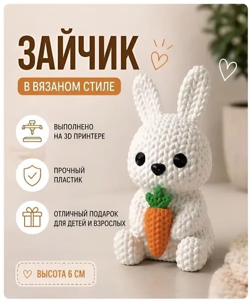 Заяц с морковкой, вязаный стиль, высота 7 см, оригинальный подарок и декор для дома. 3д фигурка