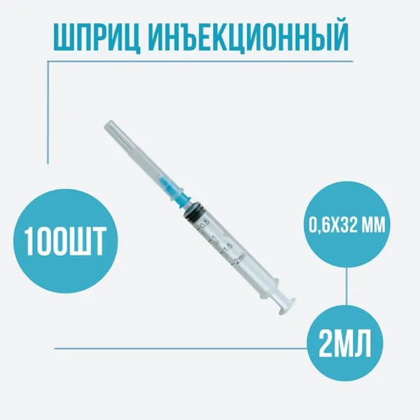 Шприц медицинский, стерильный одноразовый, 2 мл для инъекций с иглой LUER, 23G (0,6х32), 100 штук