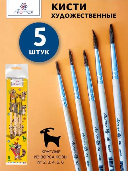 Кисти художественные, коза, 5 штук