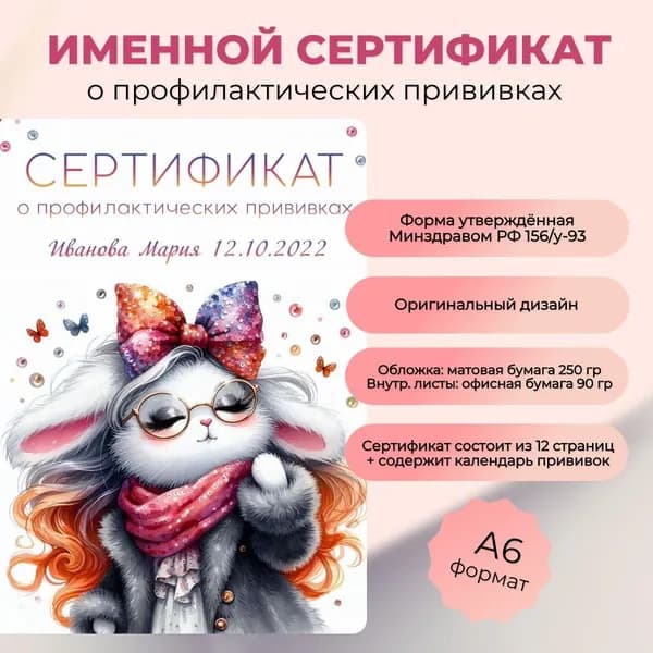 Именной сертификат о профилактических прививках "Модная зайка"