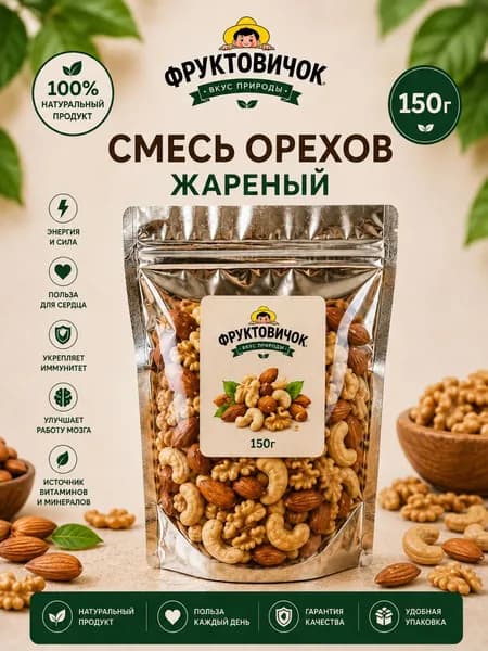 Смесь орехов. Микс ореховый (кешью, миндаль, грецкие орех) 150 гр. ФРУКТОВИЧОК