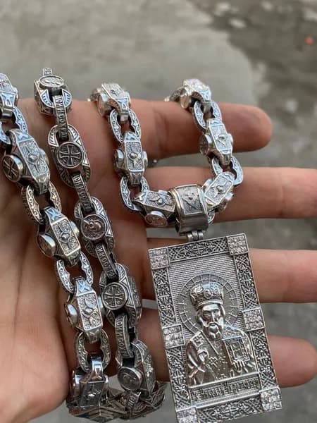 Комплект мужской серебряный, цепь Святые угодники 9мм и иконка Николай Чудотворец, серебро 925 пробы