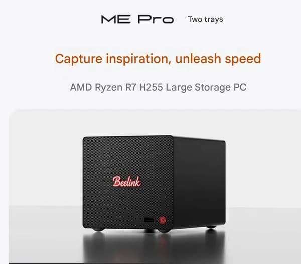 Beelink Мини-ПК ME Pro H255 2-Bay NAS 2026 (AMD Ryzen 7 H 255, RAM Отсутствует, AMD Radeon 780M, Без ОС), Me pro, черный