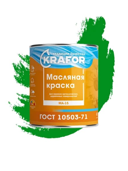 Краска масляная ма-15 для дерева и металла, глянцевая, зеленая 0,9 кг "Krafor"