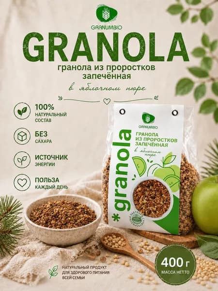 Гранола из проростков запеченная в яблочном пюре/ Полезный завтрак / мюсли 400гр