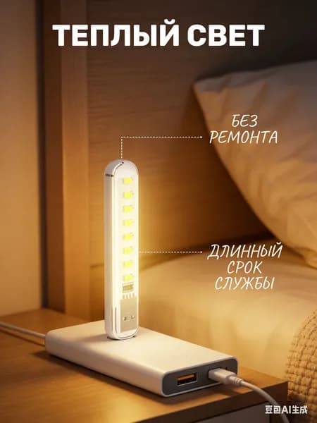 Компактный светодиодный USB светильник для ноутбука 3LED GSMIN B41 холодный, 3-5В, 1 штуки (Белый)