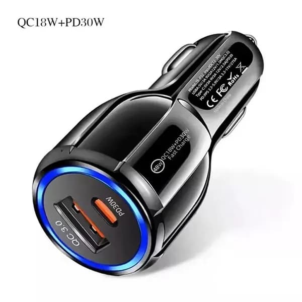 Автомобильное зарядное устройство с USB-A и Type-C, 48 Вт, QC3.0 PD3.0, с синим светодиодом для прикуривателя