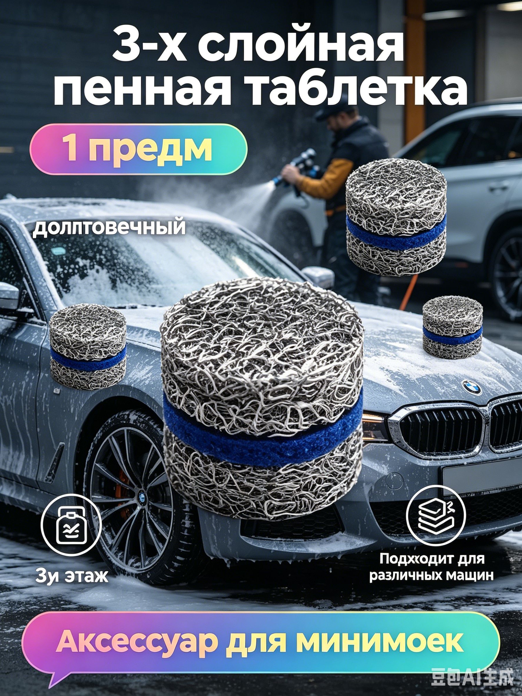 Foam Heroes Minigun 3-х слойная пенная таблетка, аксессуар для минимоек,1шт
