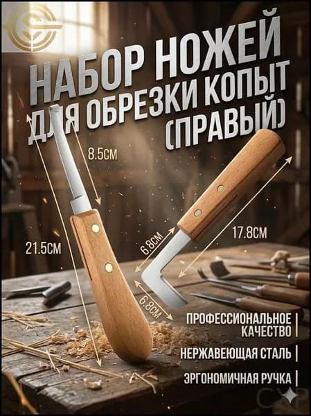 Копытный нож L-образный и прямой (правая рука), профессиональный набор. Инструменты с деревянной ручкой для обрезки копыт лошадей, коров и овец, ветеринарный уход на ферме.