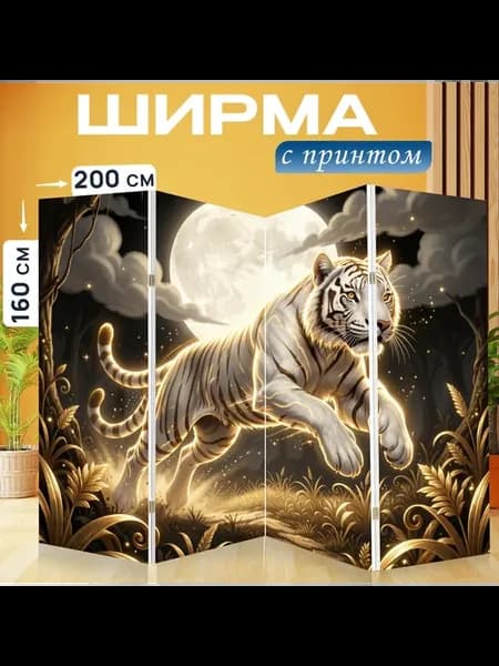 Ширма "Белый тигр при полной луне. Сияющий." 200x160см