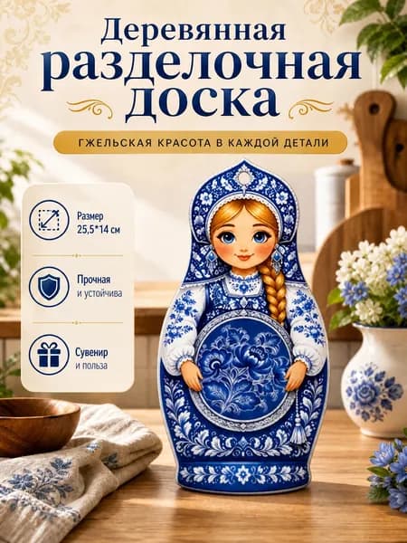 Доска разделочная Матрешка , гжель 27*14 см, 1 шт