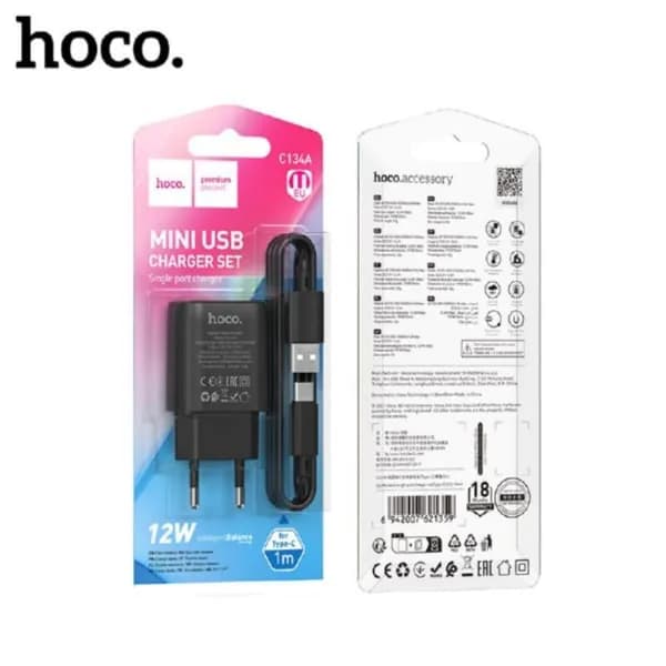 СЗУ-USB Type-C HOCO C134A 1м, 2,4A, 12W, Black 6942007621359
